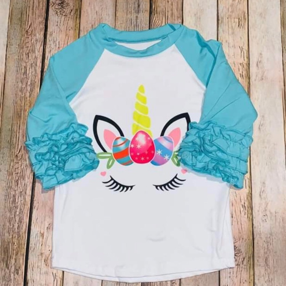 Easter Unicorn Ruffle raglan shirt boutique new